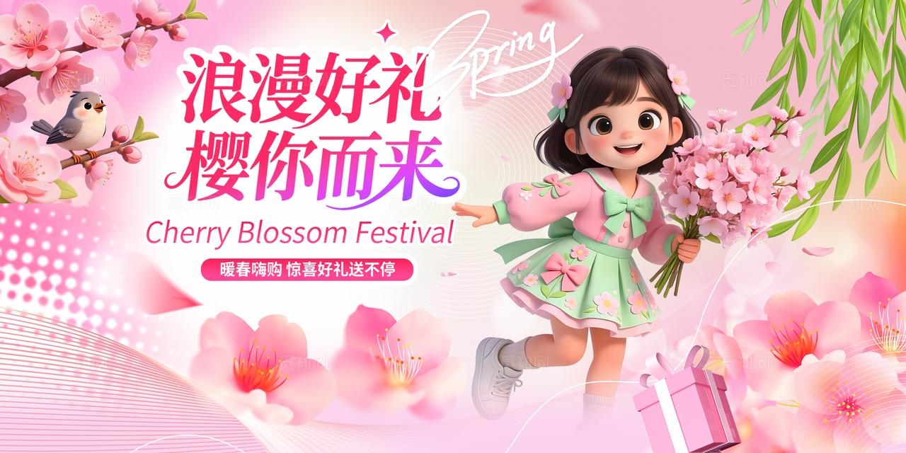 粉色多巴胺3D潮流卡通樱花季赏花节春游活动促销旅游展板