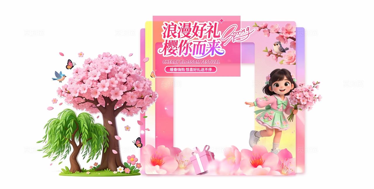 粉色多巴胺3D潮流卡通春季赏花节樱花季旅游商场促销活动美陈