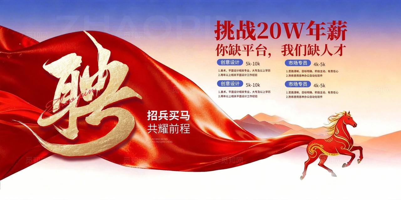 红色简约2026马年招聘招募令招兵买马诚聘人才展板