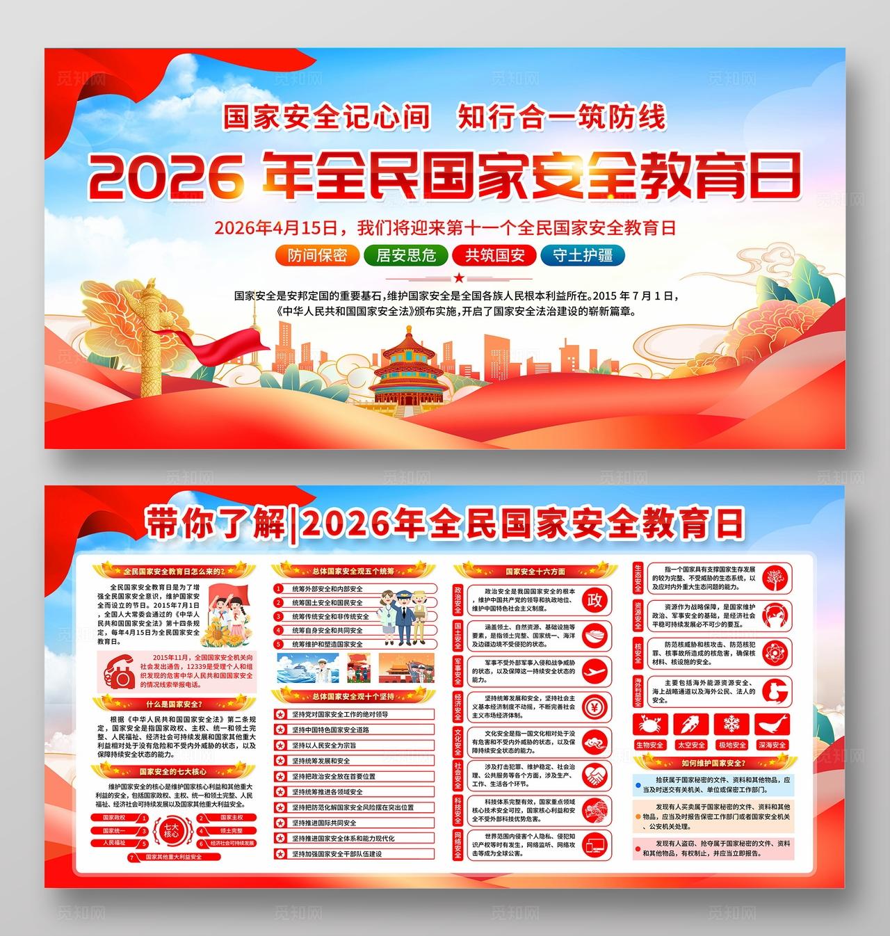 蓝色国潮简约风2026年全民国家安全教育日展板宣传栏展板设计