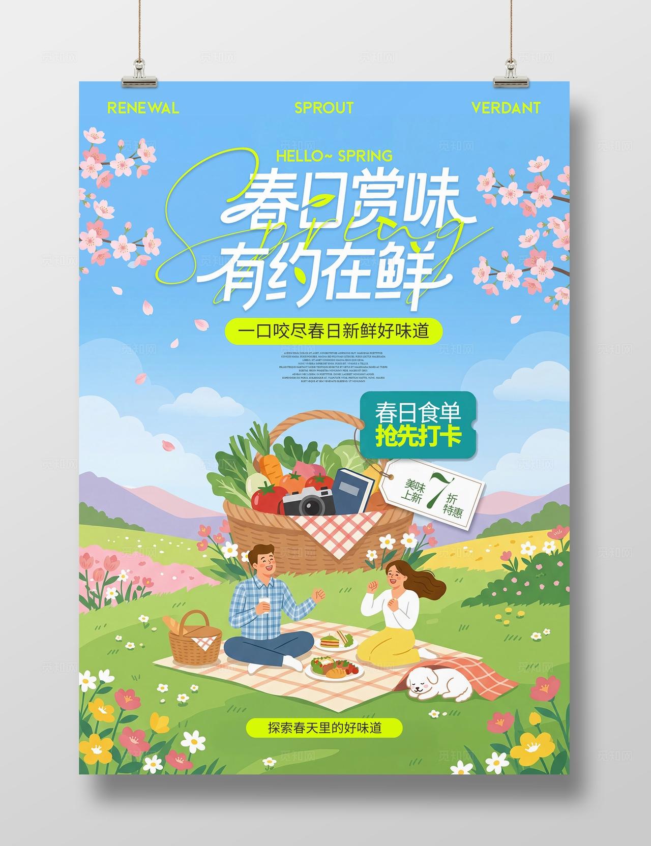 卡通春天野餐蔬菜水果春日赏味美食促销海报