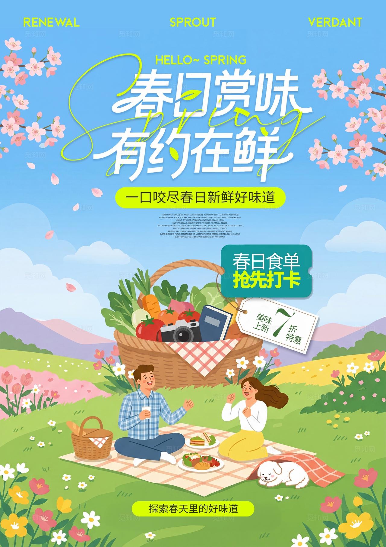 卡通春天野餐蔬菜水果春日赏味美食促销海报