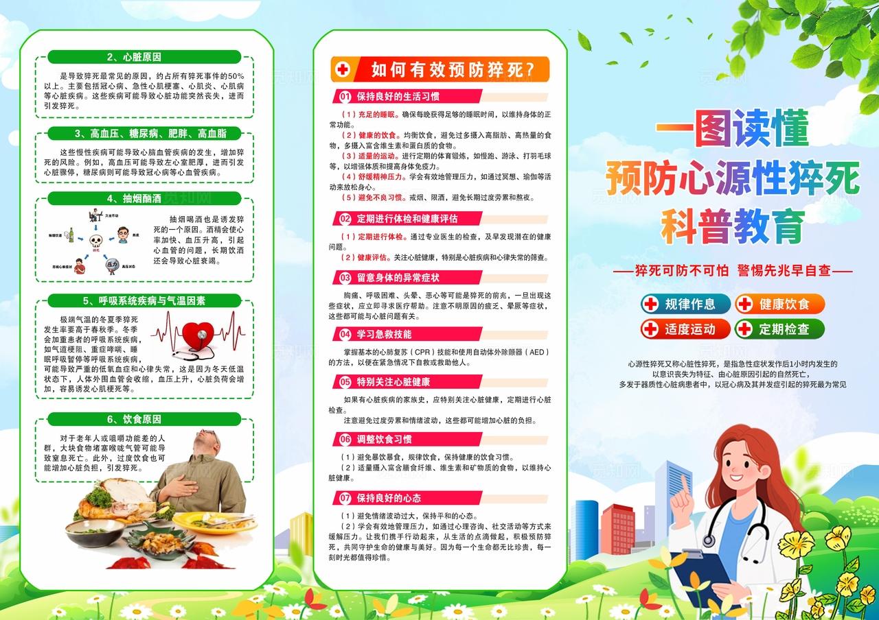 简单大气绿色预防心源性猝死科普教育宣传三折页