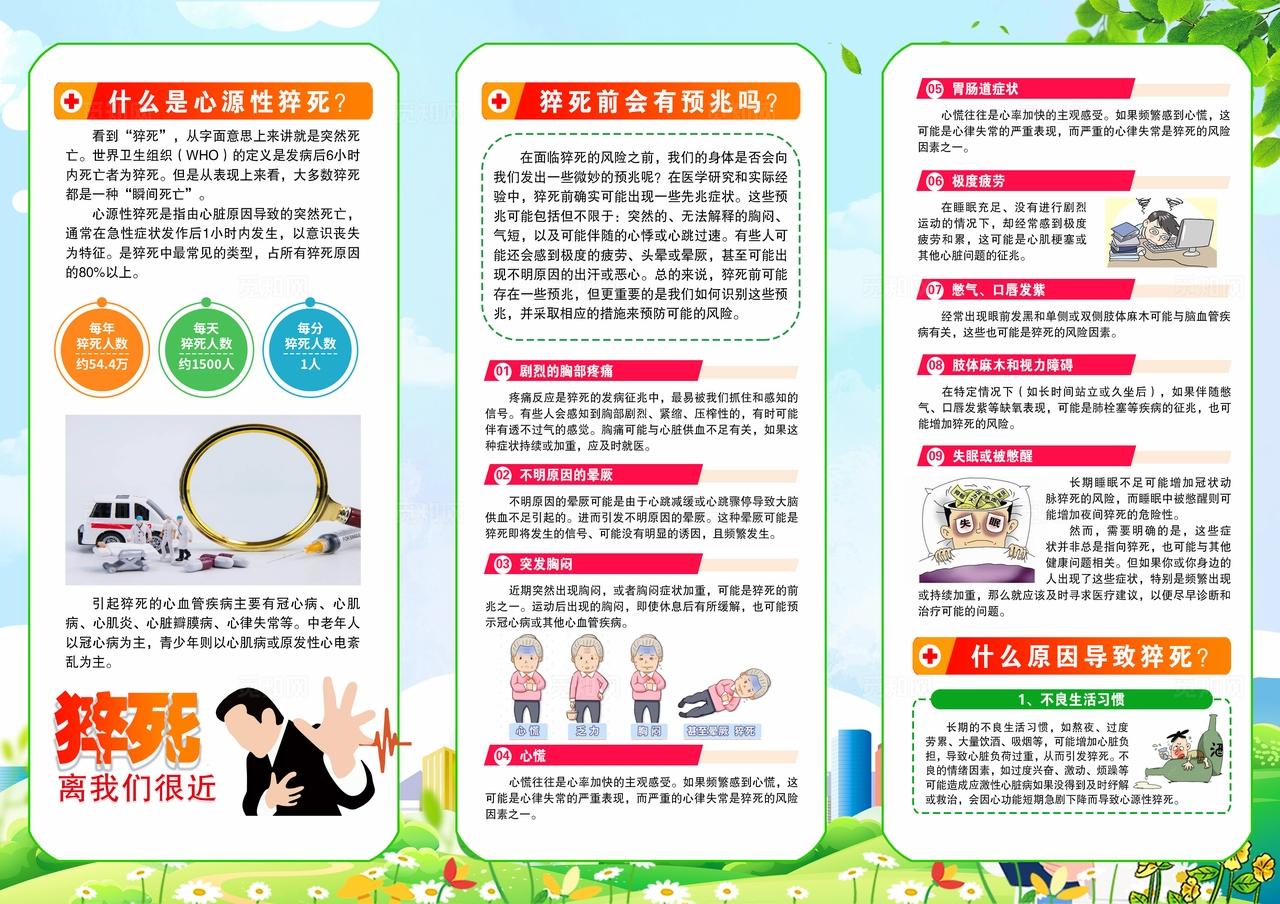 简单大气绿色预防心源性猝死科普教育宣传三折页