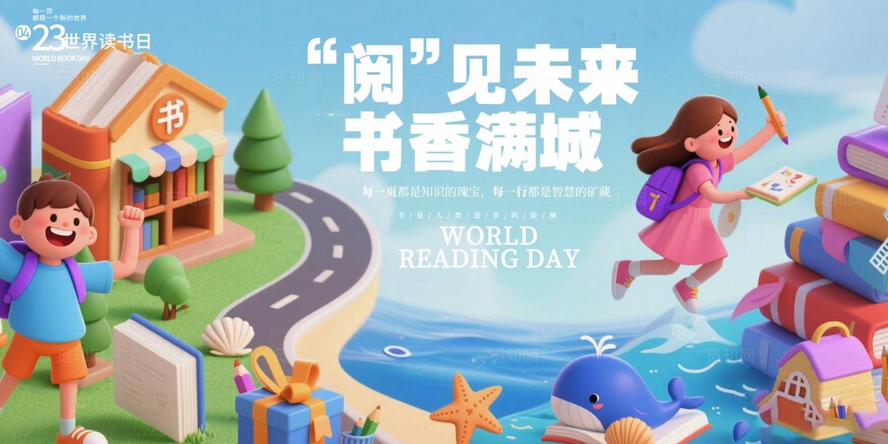 蓝色插画世界阅读日宣传节日展板套图全民阅读活动周