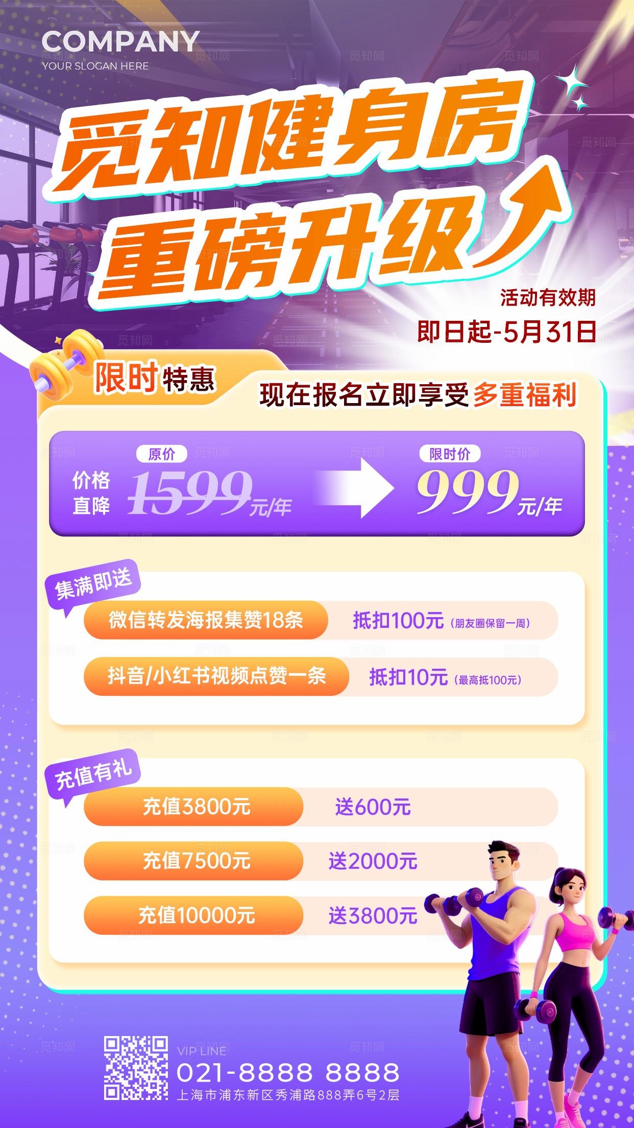 活力橙色健身房升级促销手机宣传海报