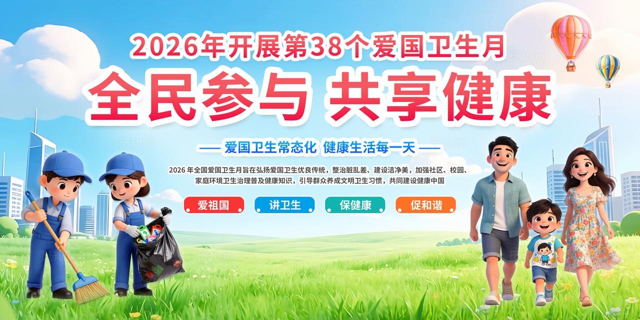 蓝绿色清新3D潮流卡通2026爱国卫生月知识科普宣传栏展板