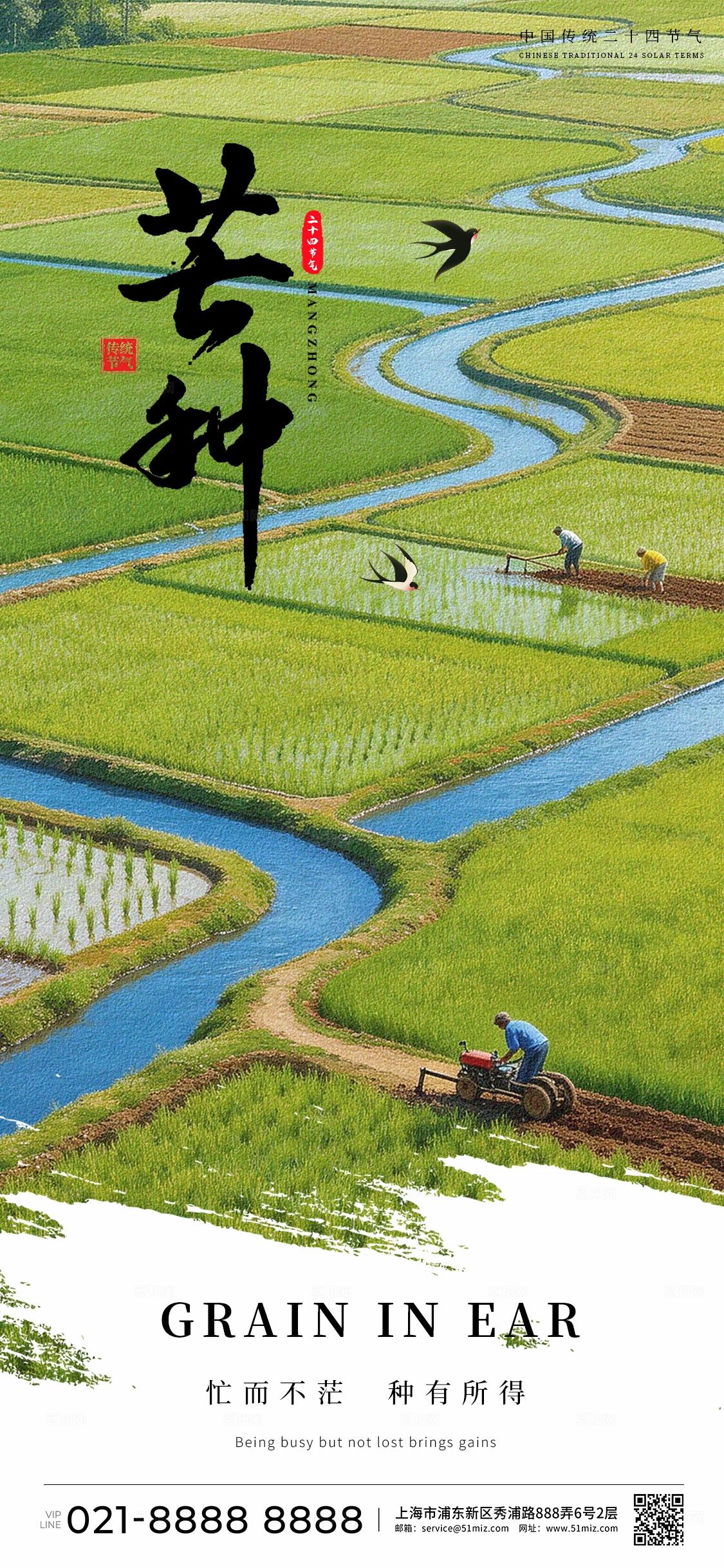 简约绿色小满芒种节气海报