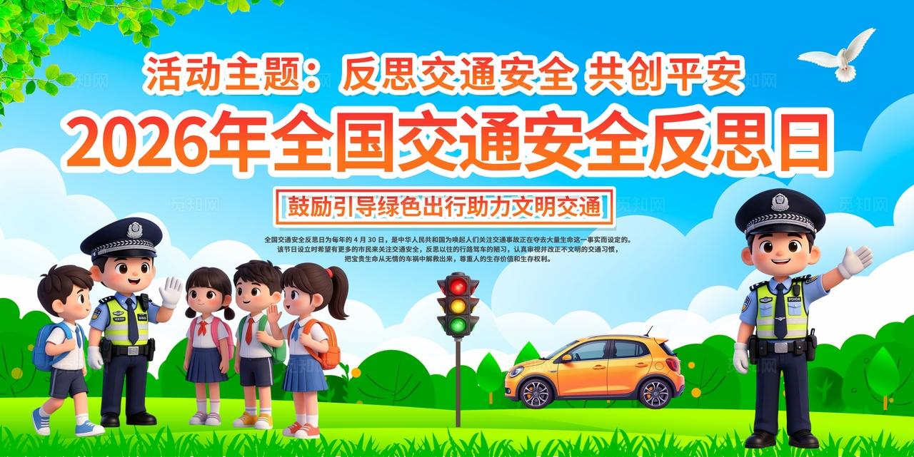 蓝色清新3D卡通26年交通安全反思日科普宣传公益宣传栏展板