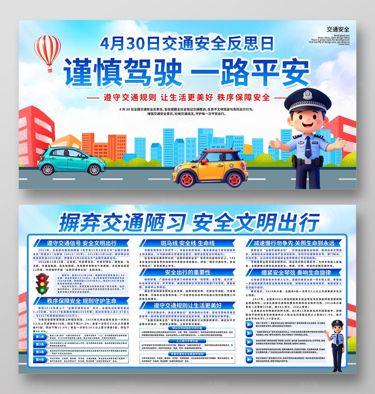 蓝色3D卡通26年全国交通安全反思日公益科普知识宣传栏展板