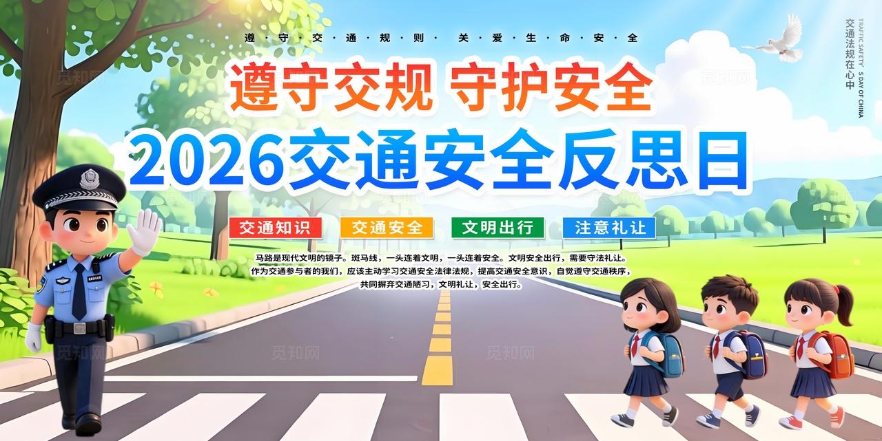 蓝色清新3D卡通2026全国安全反思日知识科普宣传栏展板