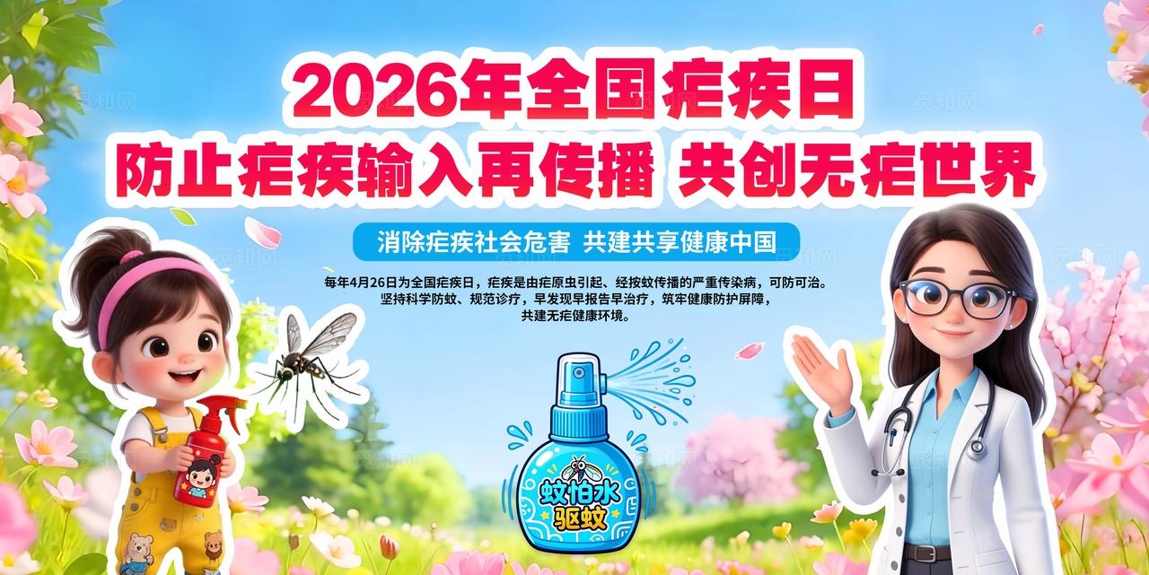 蓝色清新3D潮流卡通26年全国疟疾日知识科普宣传栏展板