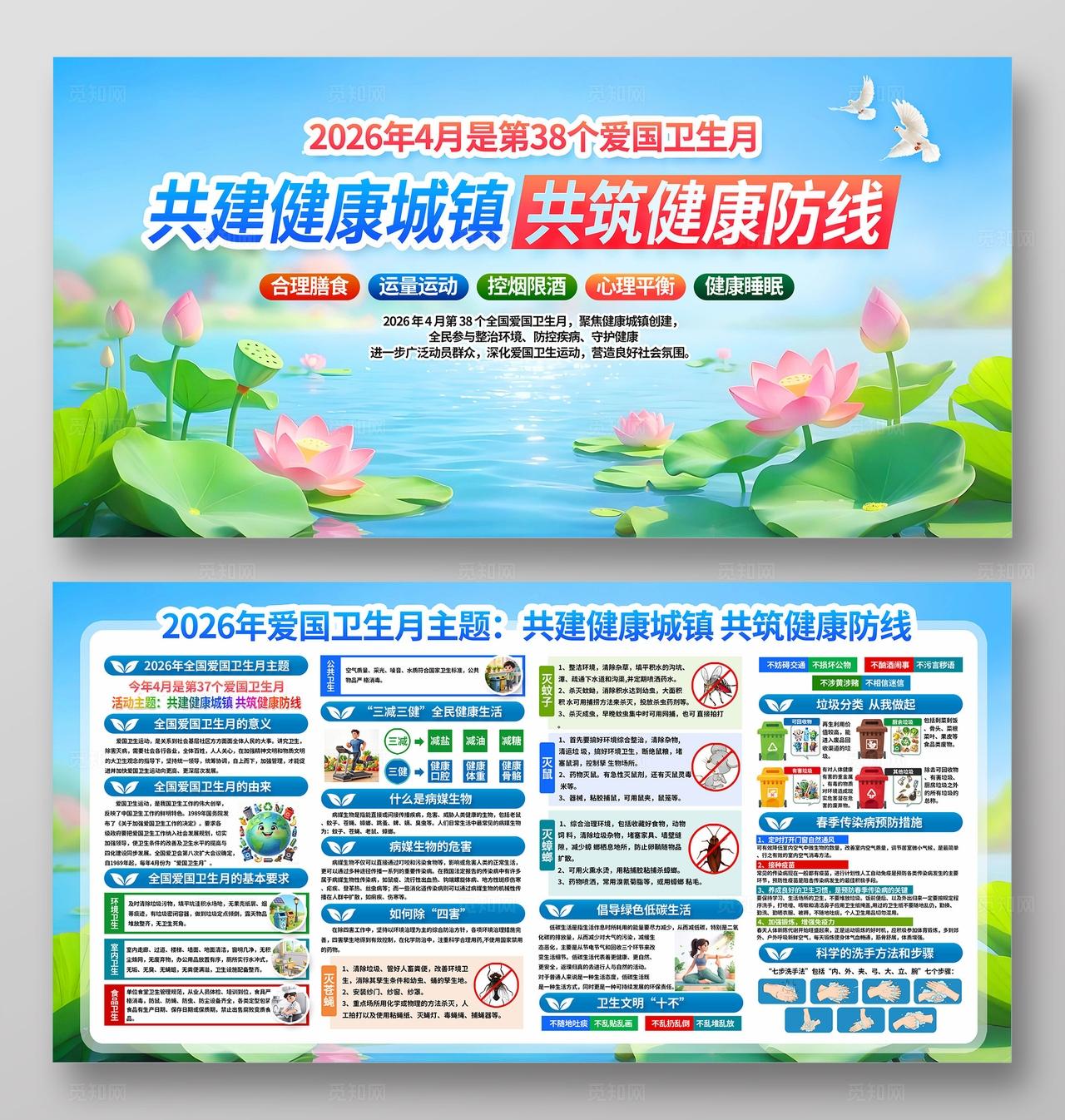 蓝色清新26年爱国卫生月知识宣传科普宣传栏展板