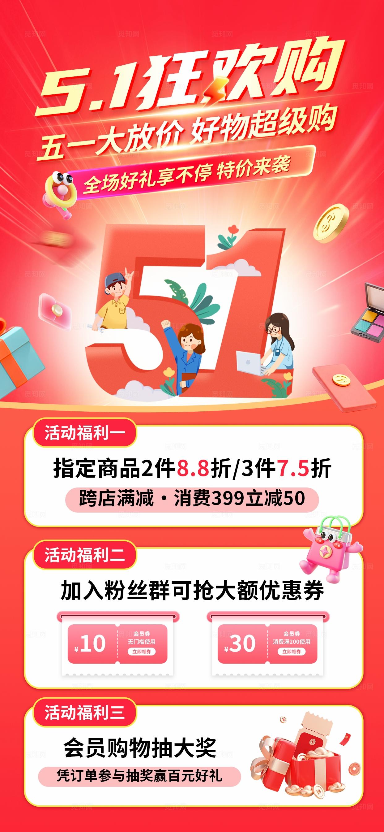 红色大气劳动节五一狂欢购促销活动海报