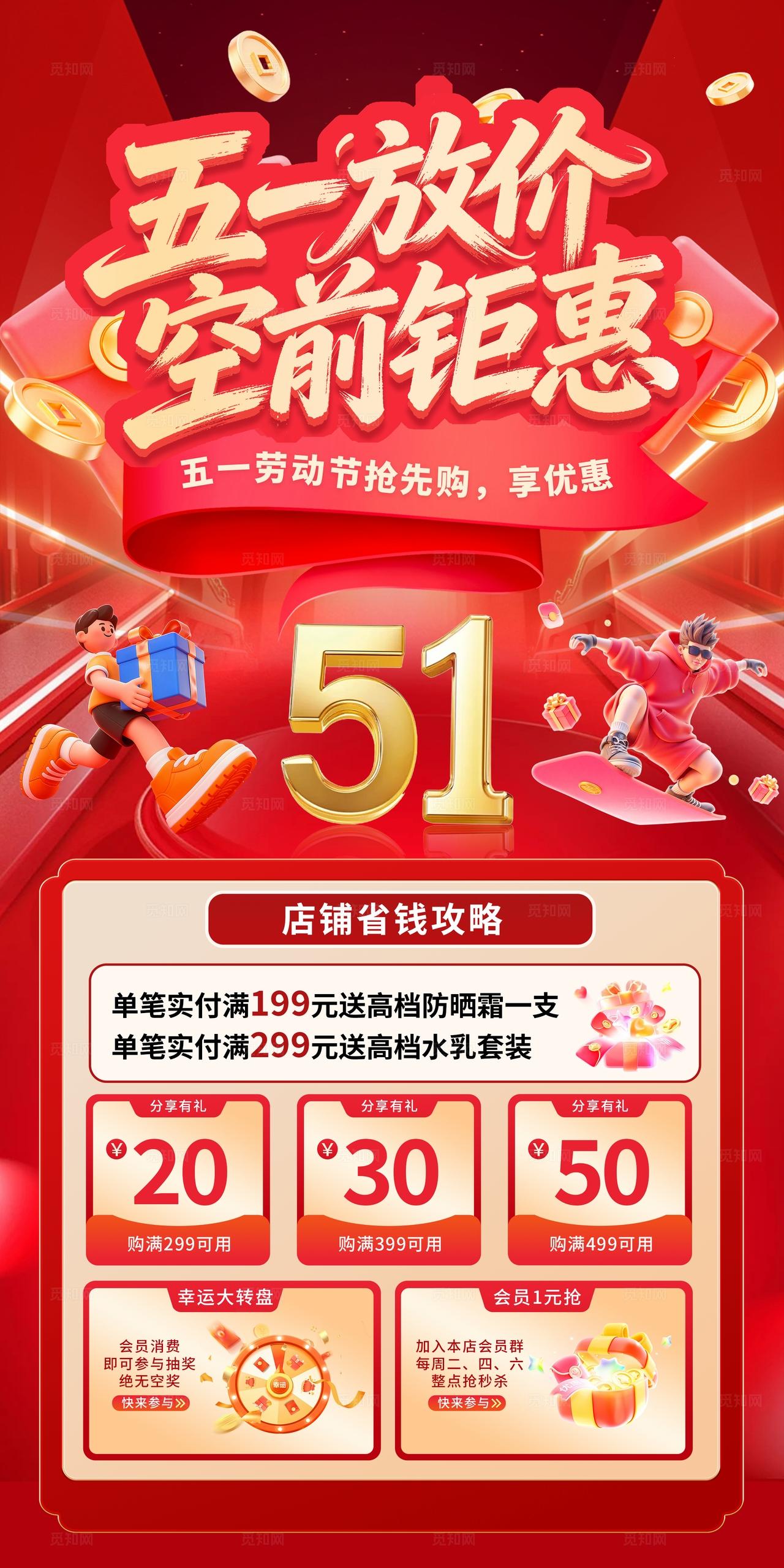 红色大气劳动节五一促销活动海报