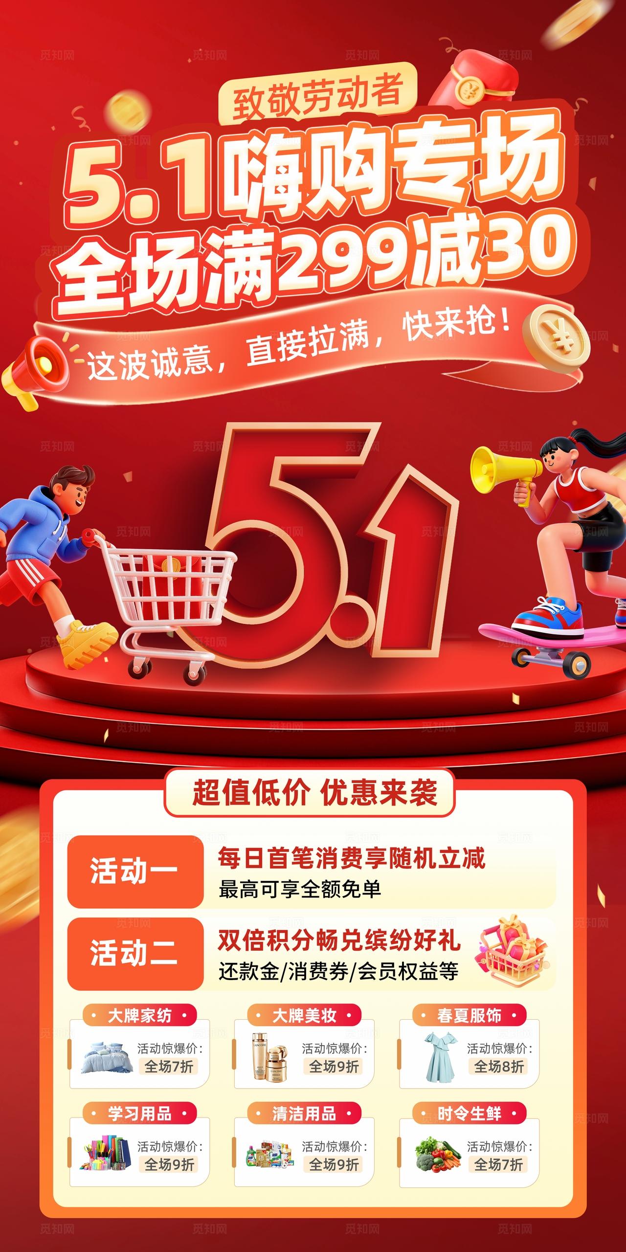 红色大气五一促销活动海报