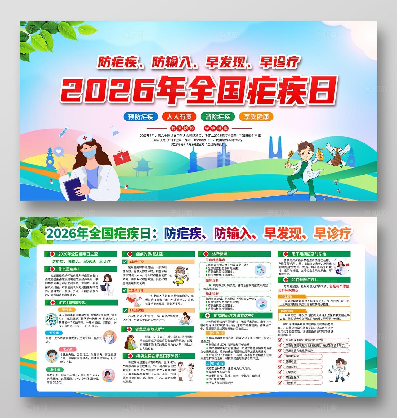 水彩风格2026年全国疟疾日宣传栏