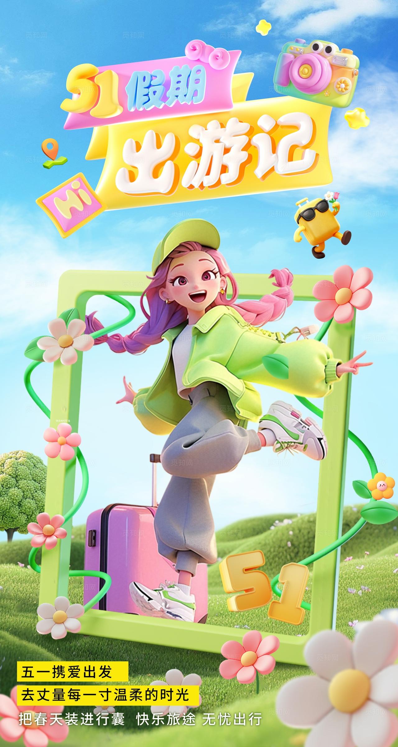蓝色卡通清新五一出游旅行劳动节旅游海报