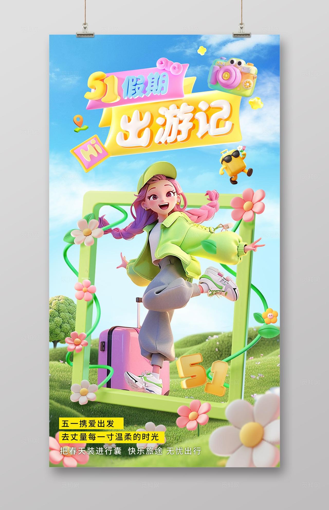 蓝色卡通清新五一出游旅行劳动节旅游海报