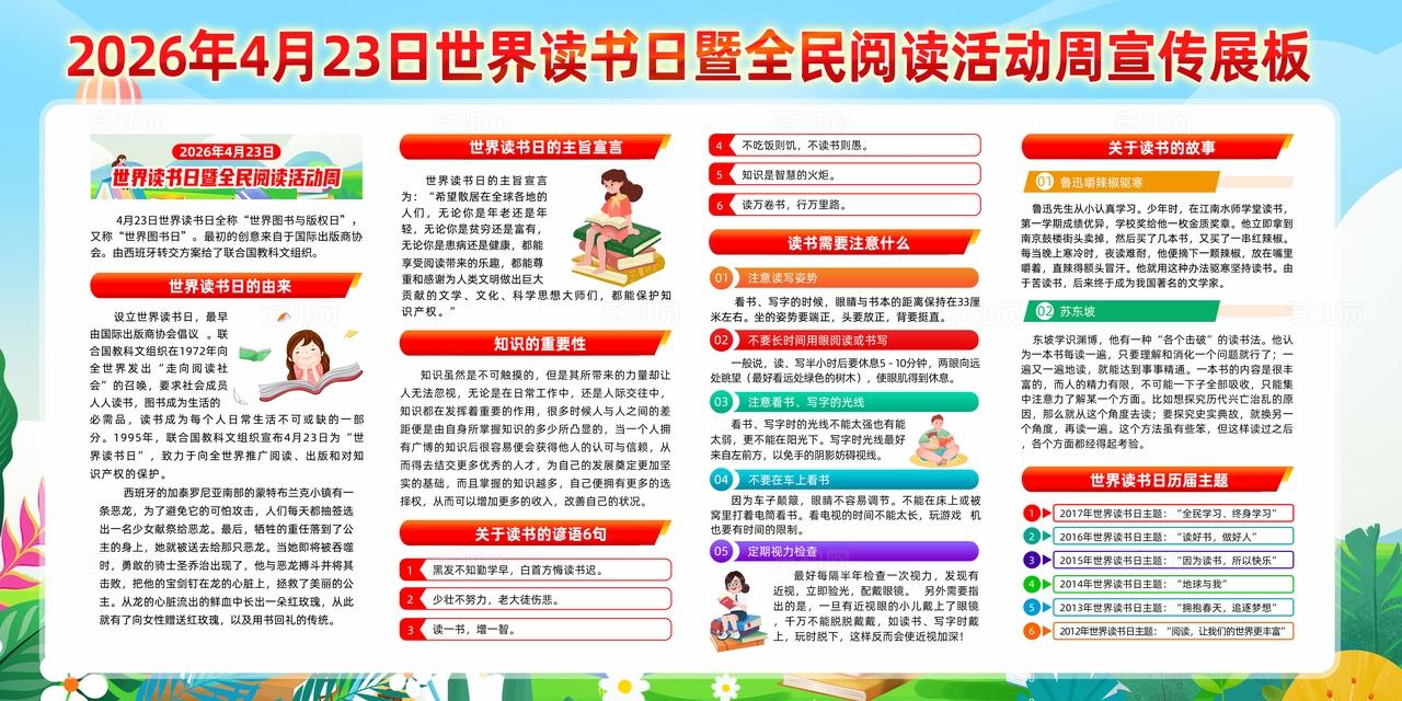 绿色卡通世界读书日全民阅读活动周共建书香社会读书宣传栏