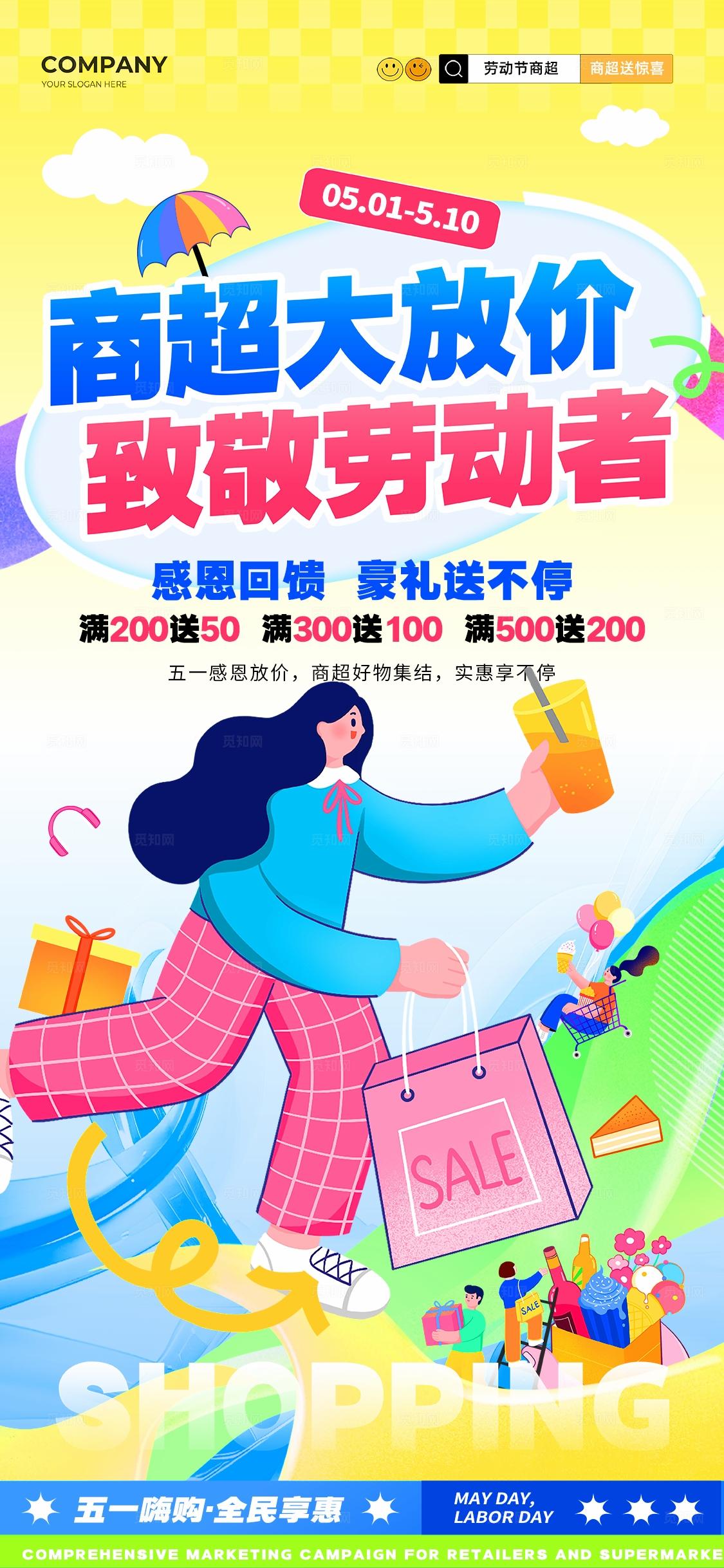 扁平风五一劳动节商超促销活动kv劳动节商超全案营销活动物料kv