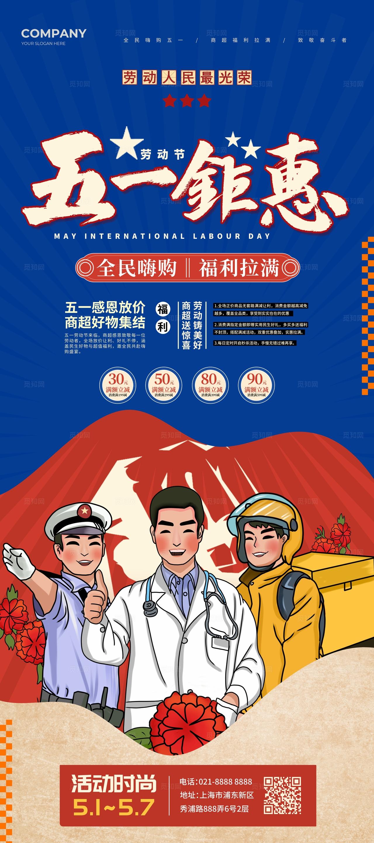 复古风五一劳动节商超促销活动kv劳动节商超全案营销活动物料kv