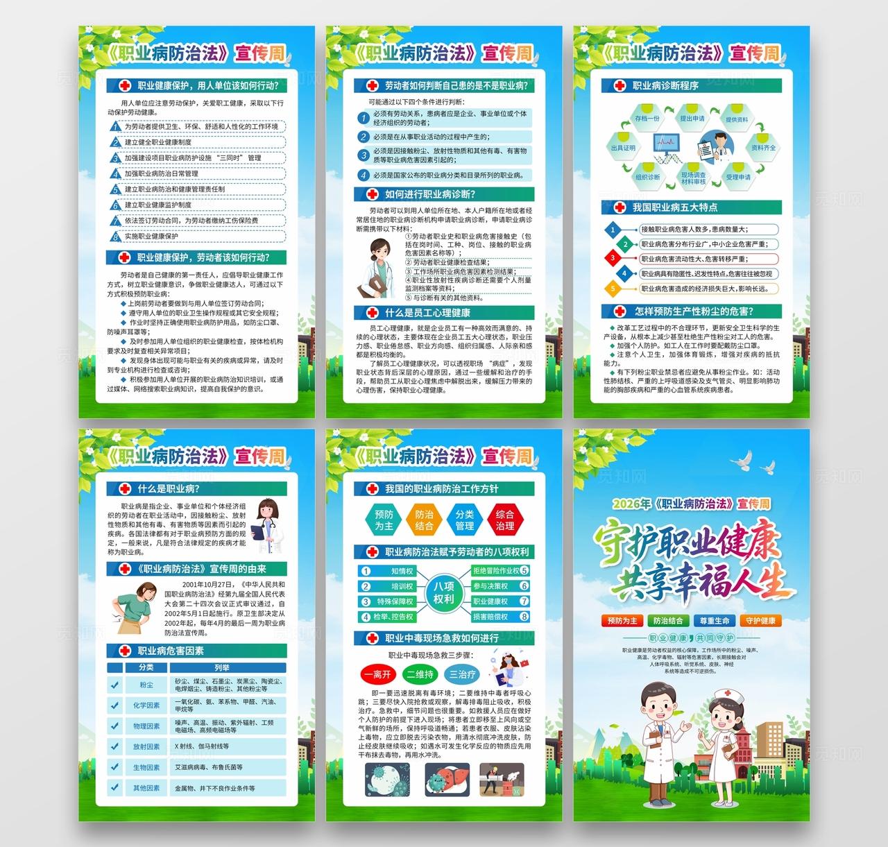 蓝色大气水彩风格2026年职业病防治宣传周套图海报