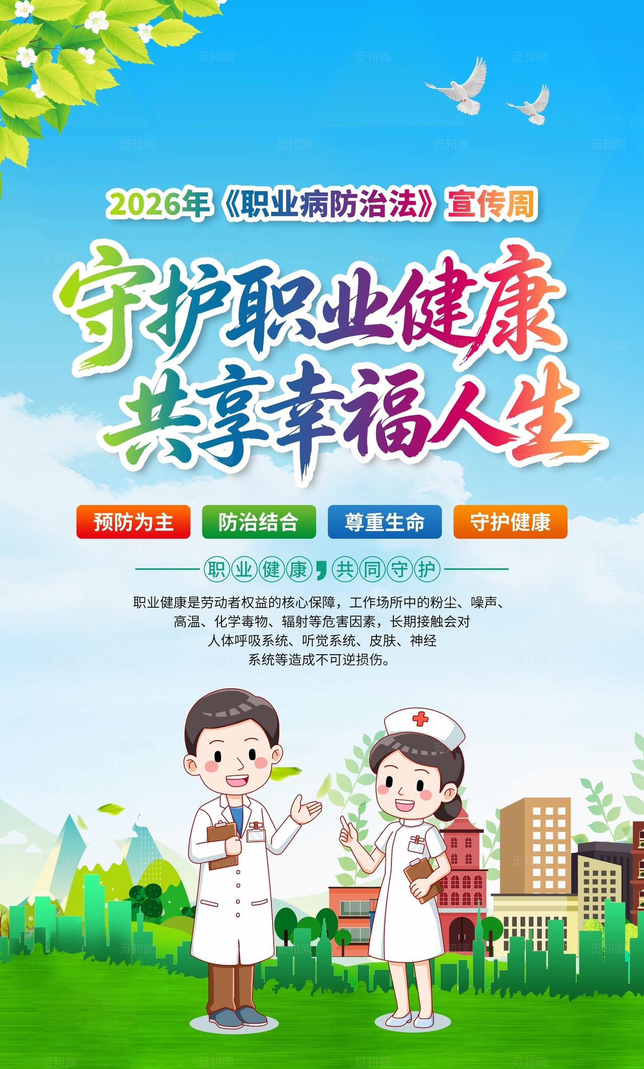 蓝色大气水彩风格2026年职业病防治宣传周套图海报