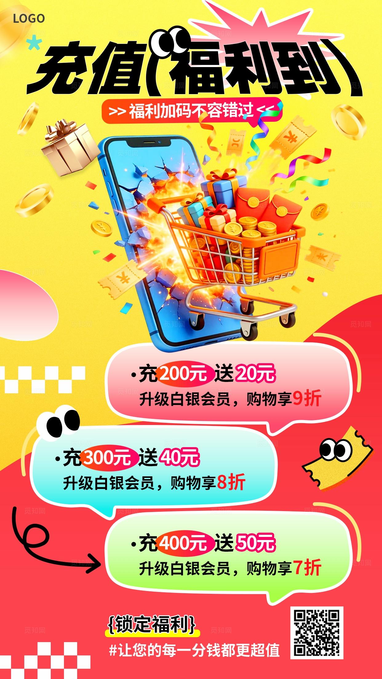 红色3D潮流卡通社群福利充值会员优惠活动手机海报
