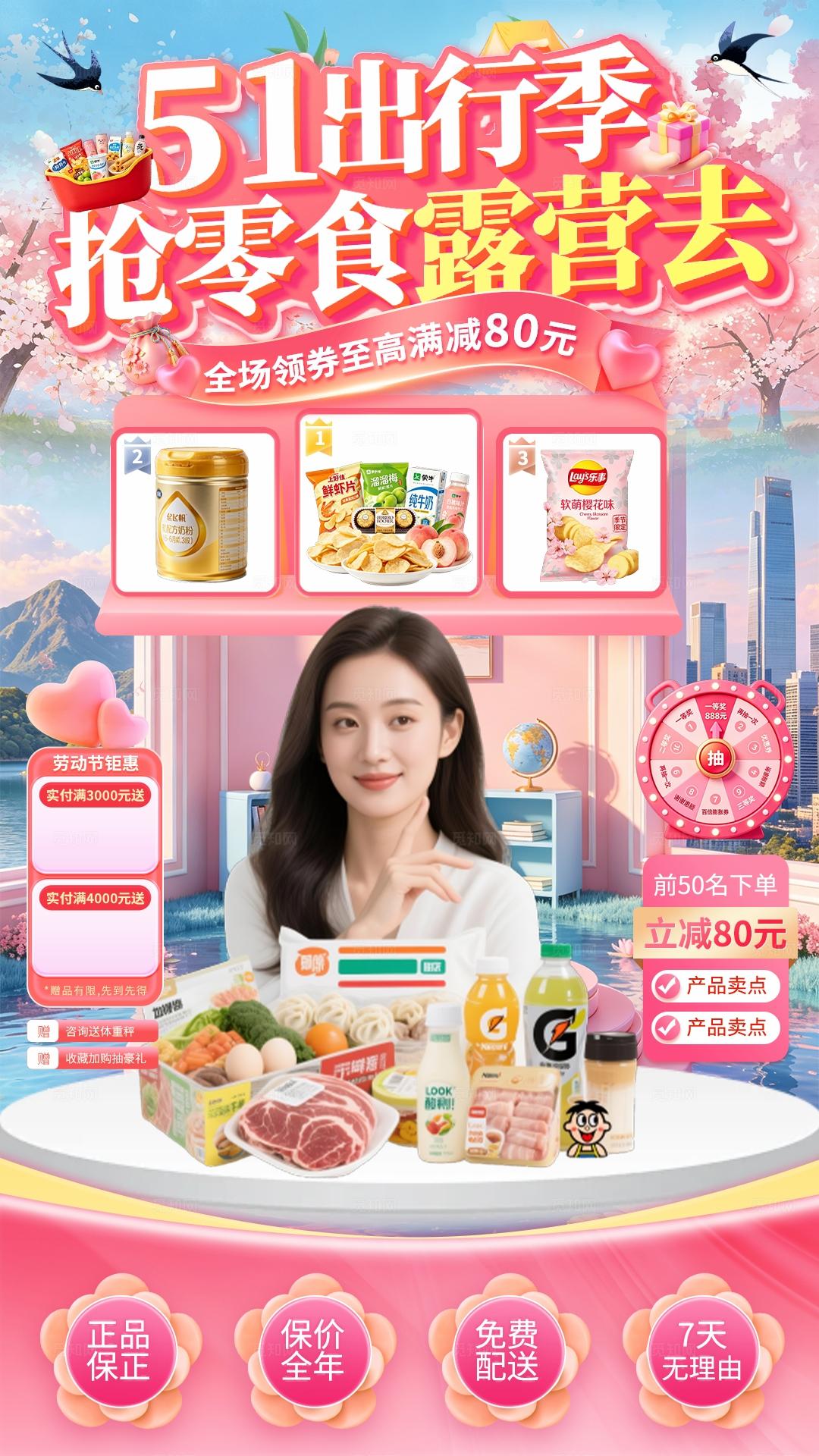 绿色小清新五一踏春季出行记直播团购劳动节直播背景手机海报套图宣传