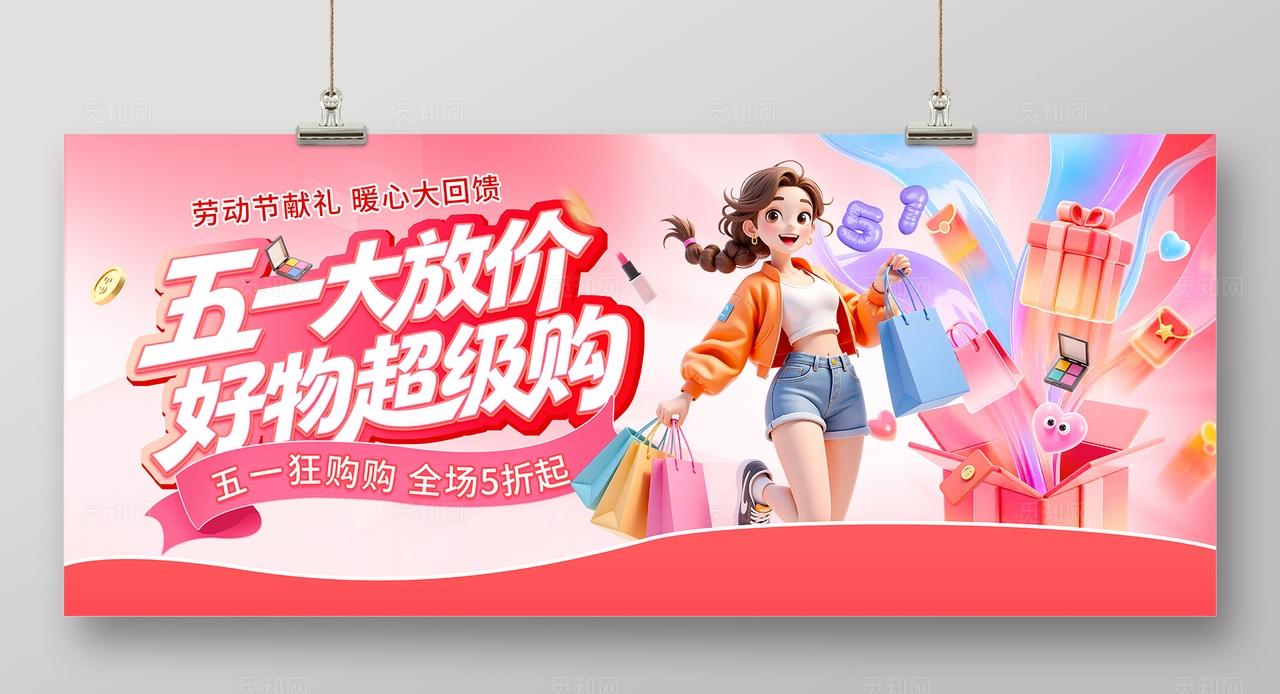 粉色大气五一劳动节促销活动宣传海报