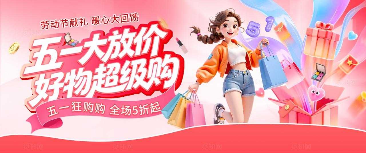 粉色大气五一劳动节促销活动宣传海报