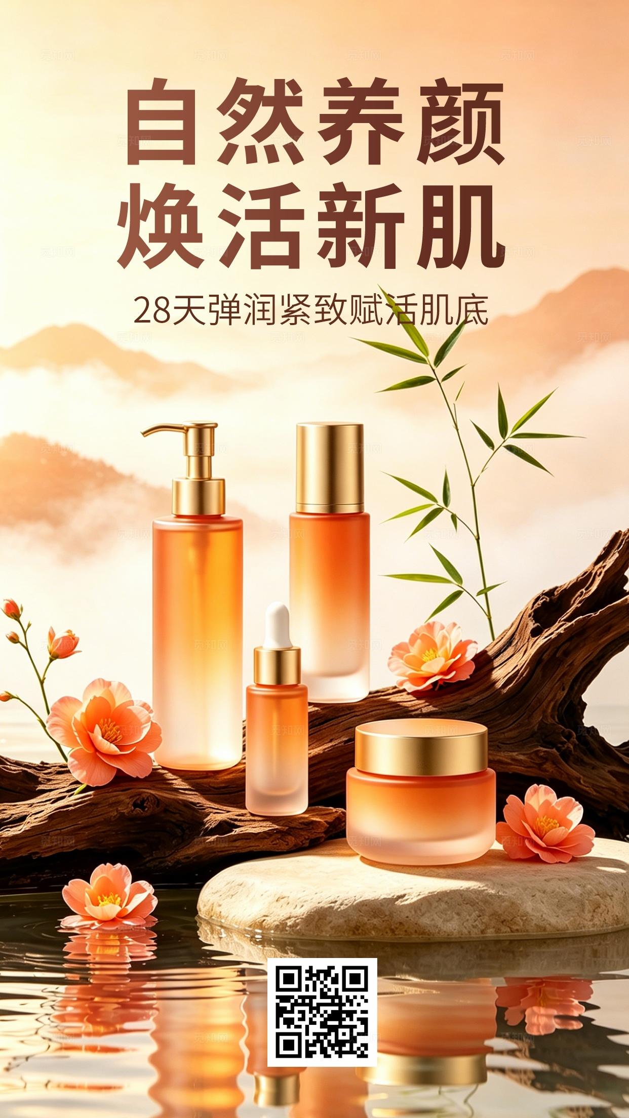 新中式清新自然养颜焕活新肌美妆手机海报