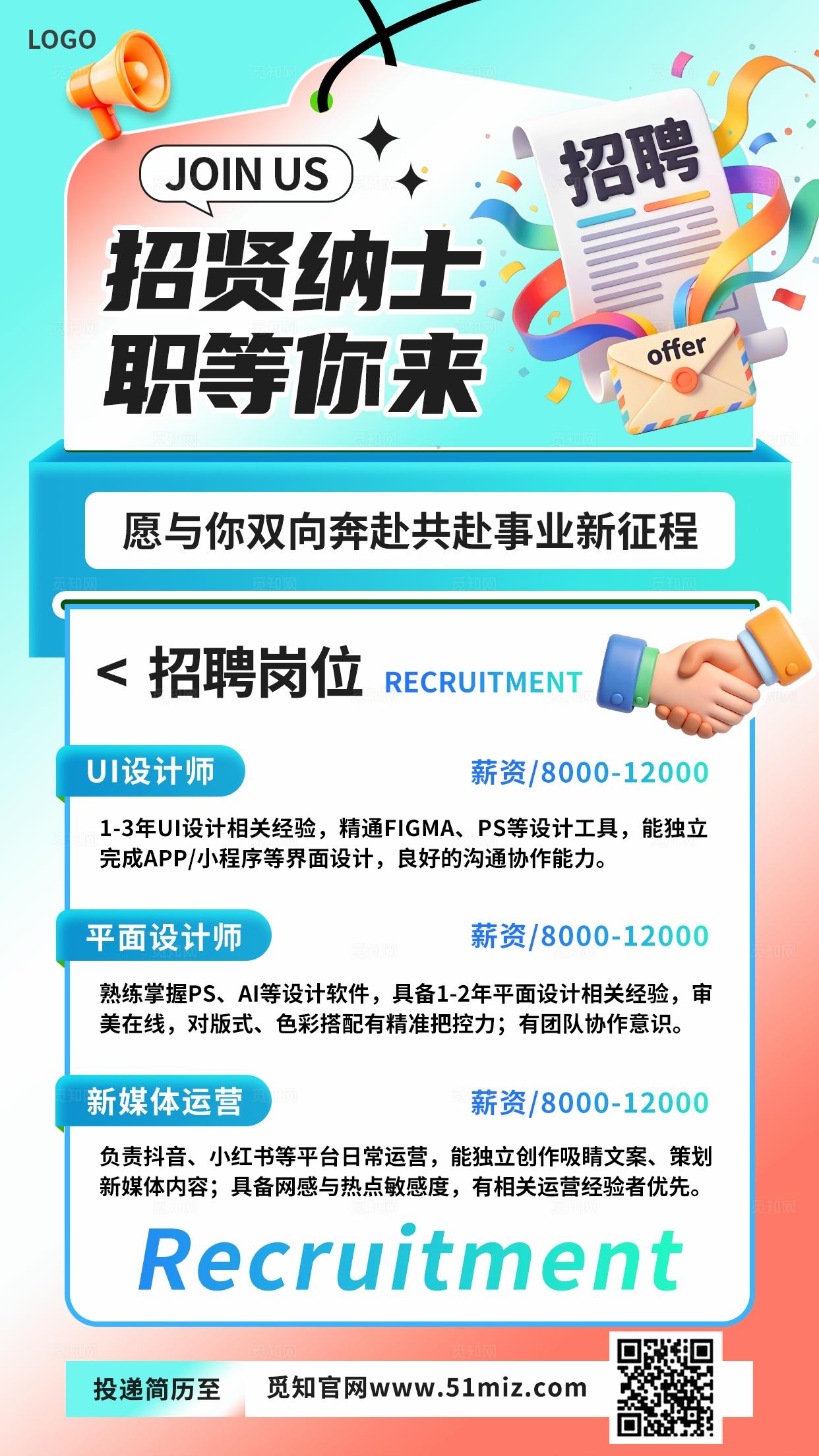 蓝橙色夏日清新3D潮流卡通招聘招人求职公司海报