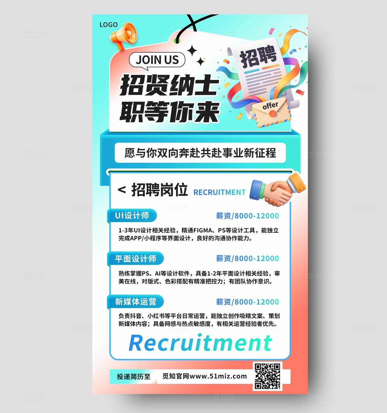 蓝橙色夏日清新3D潮流卡通招聘招人求职公司海报