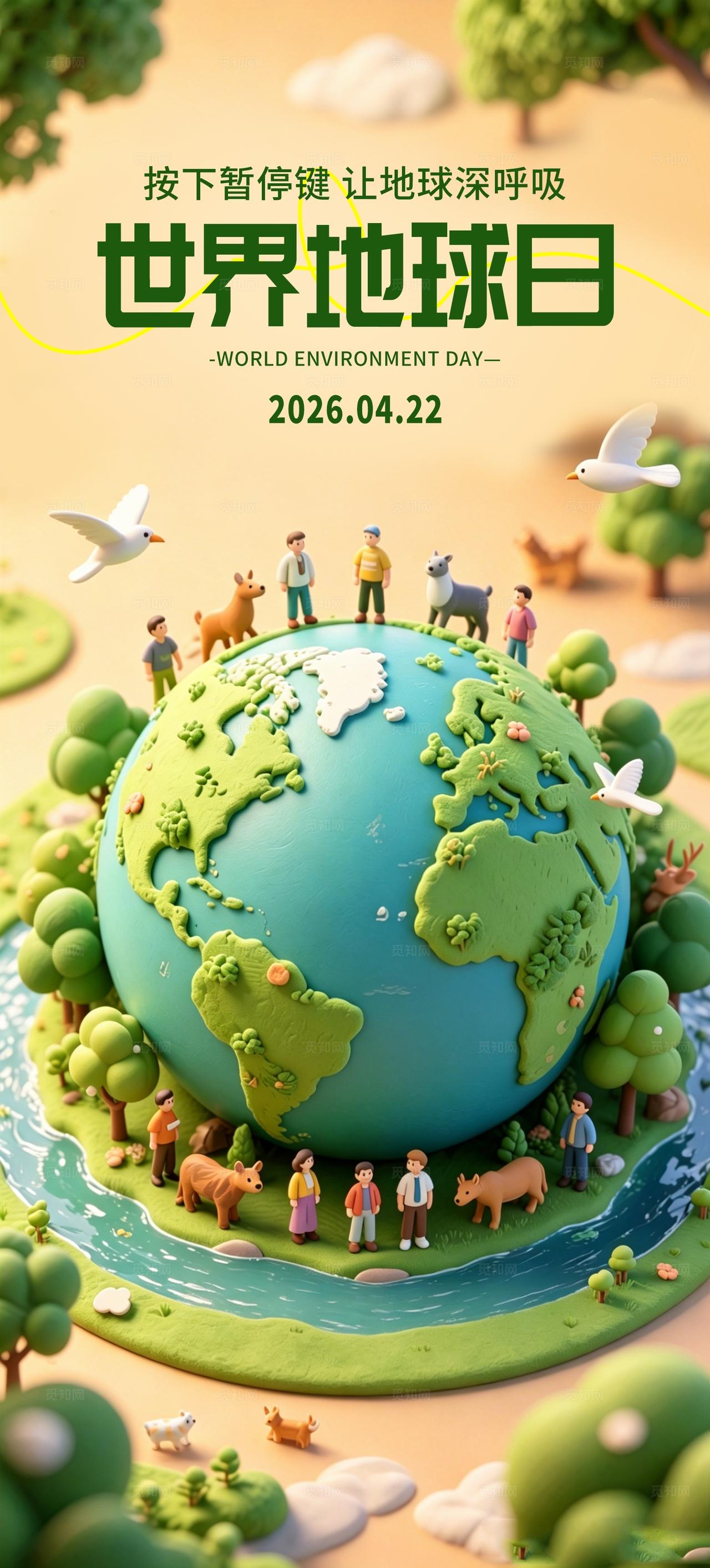 黏土3D风世界地球日环保公益手机宣传海报