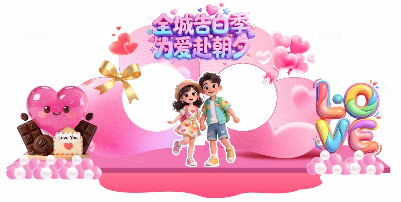 粉色3D潮流卡通5月商场活动520美陈拍照框拍照背景板