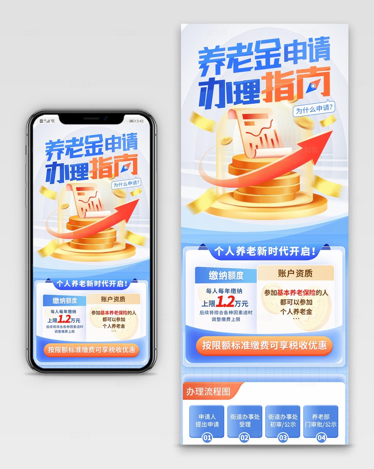 蓝色简约养老金申请办理指南养老手机长图宣传