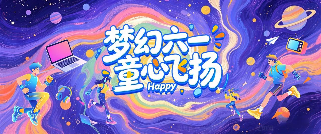 紫色插画梦幻六一61儿童节童心飞扬节日展板套图宣传