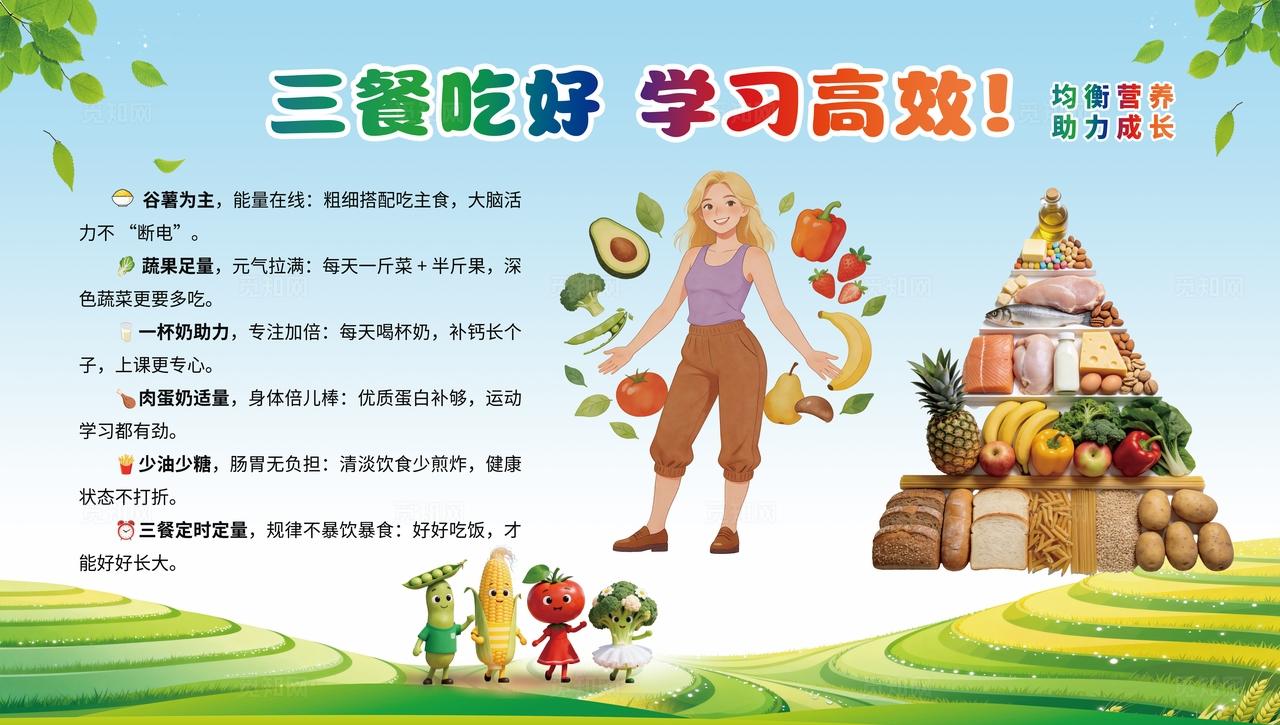清新卡通风学生三餐吃好学习高效均衡营养食堂宣传海报展板