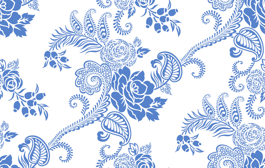 白背景中蓝色的绘画花朵无缝花纹设计背景底纹