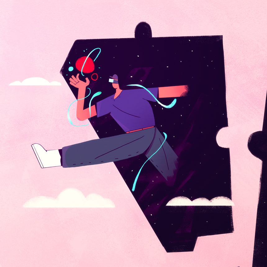 在新的世界里戴着虚拟现实耳机的人插画