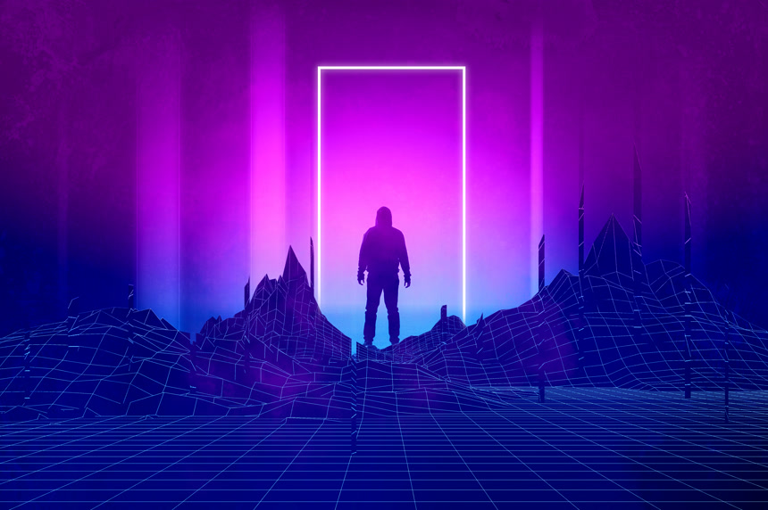 一个男人站在那里带着一个发光的霓虹灯用合成波桌面壁纸