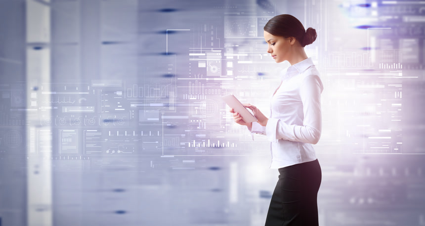 年轻的高加索商人使用3D网络背景的平板