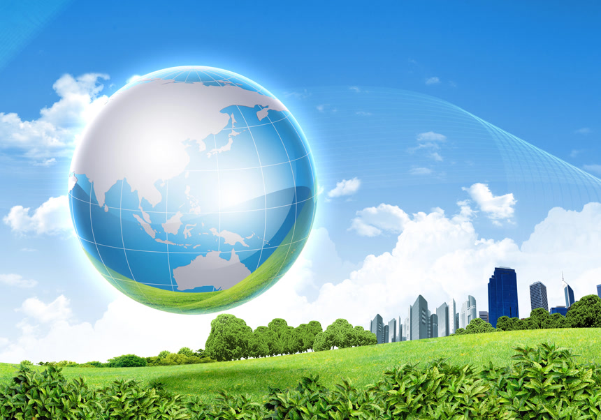 蓝天下的绿色城市和地球绿色环保宣传