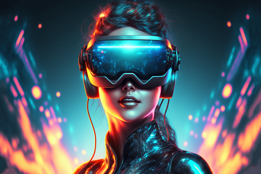  一个戴VR耳机有网络主题背景的女性人工智能