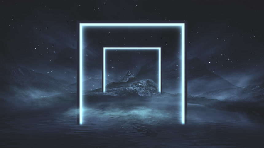 未来派幻想的夜景与抽象的风景与岛屿,月光,光芒,月亮,霓虹灯.黑暗的自然景观,在水中反射光线3D插图. 