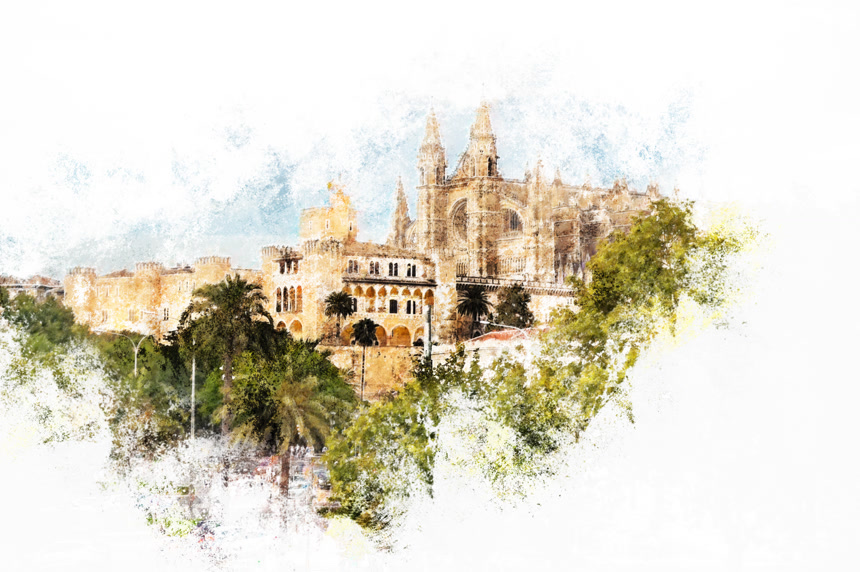 主教座堂水墨画水彩画