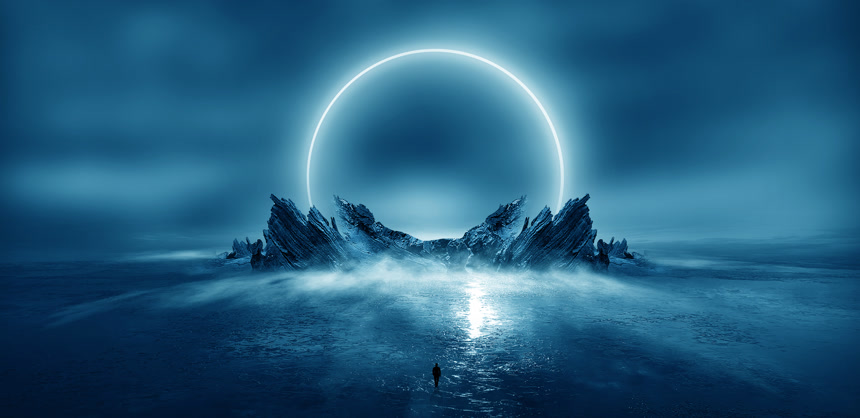 具有抽象森林景观的未来主义夜景. 黑暗的自然森林场景,月光倒映在水面上l,霓虹蓝光. 黑暗的霓虹灯背景，黑暗的森林，鹿岛.蓝色背景