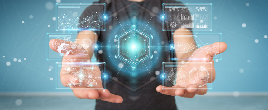 男人手捧科技数据全息信息屏幕信息集成人工智能数字化信息展示